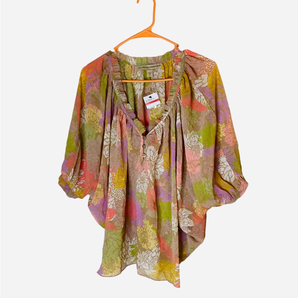Vintage America Jeans Blouse Beige&Pastel Flowers Size XS NWT
